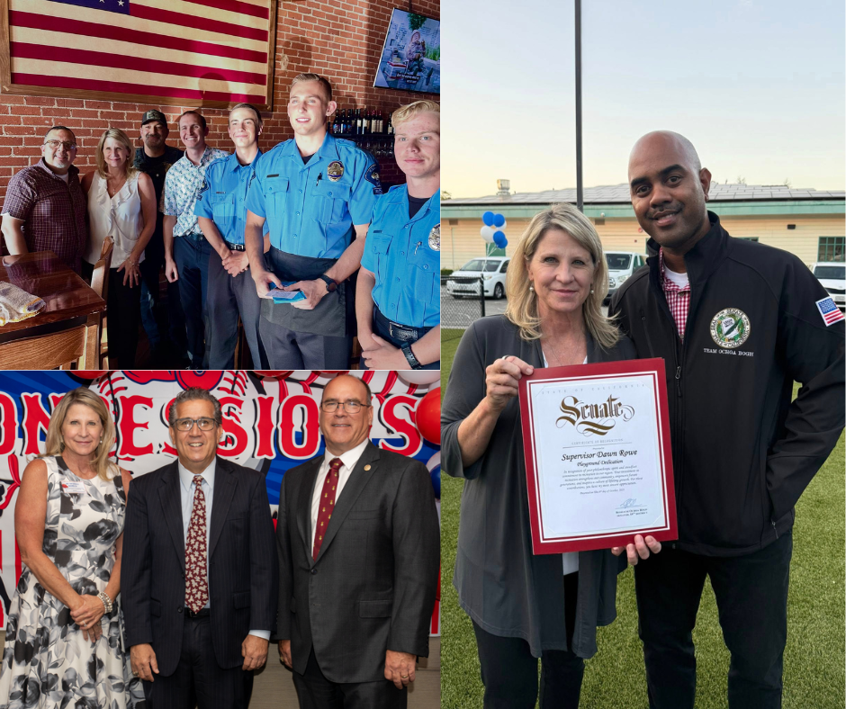 Montage shows Supervisor Rowe at Redlands Police Explorers fundraiser, with County Counsel Tom Bunton, and with Will Boyd from Senator Bogh's office