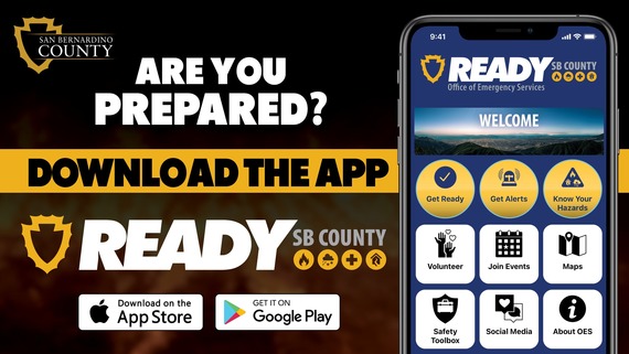 Ready SB County app, with smartphone options like 'Get Alerts' and 'Know Your Hazards'. Download the app. 