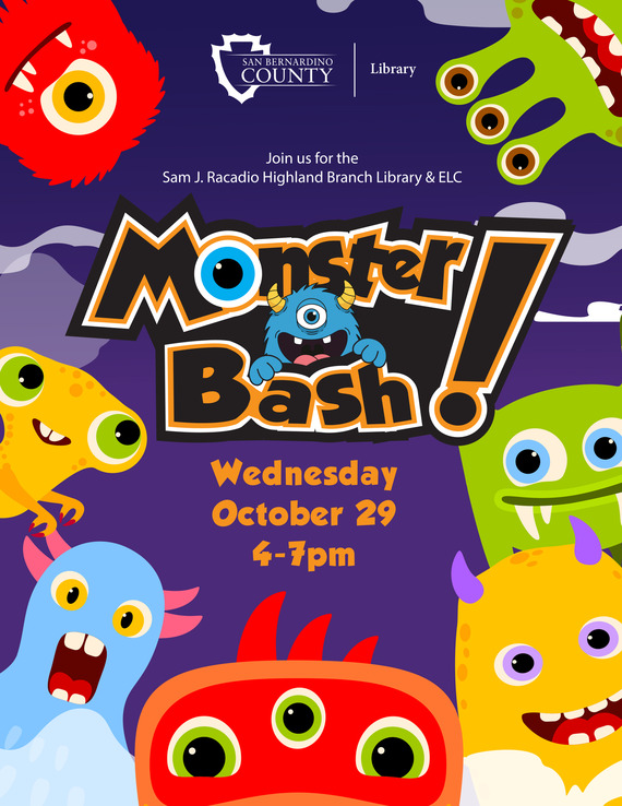 Colorful cartoon monsters surround bold text reading "Monster Bash!" on a purple background.