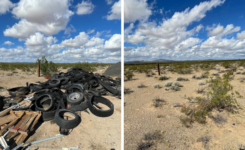 Before & after of a field full of tires and dumped trash along Route 66 in the desert; the same field after it has been cleaned up and debris removed
