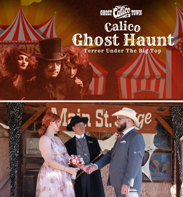 Montage shows banner for Calico Ghost Haunt on top and a young couple getting married at Calico Ghost Town on the bottom half.