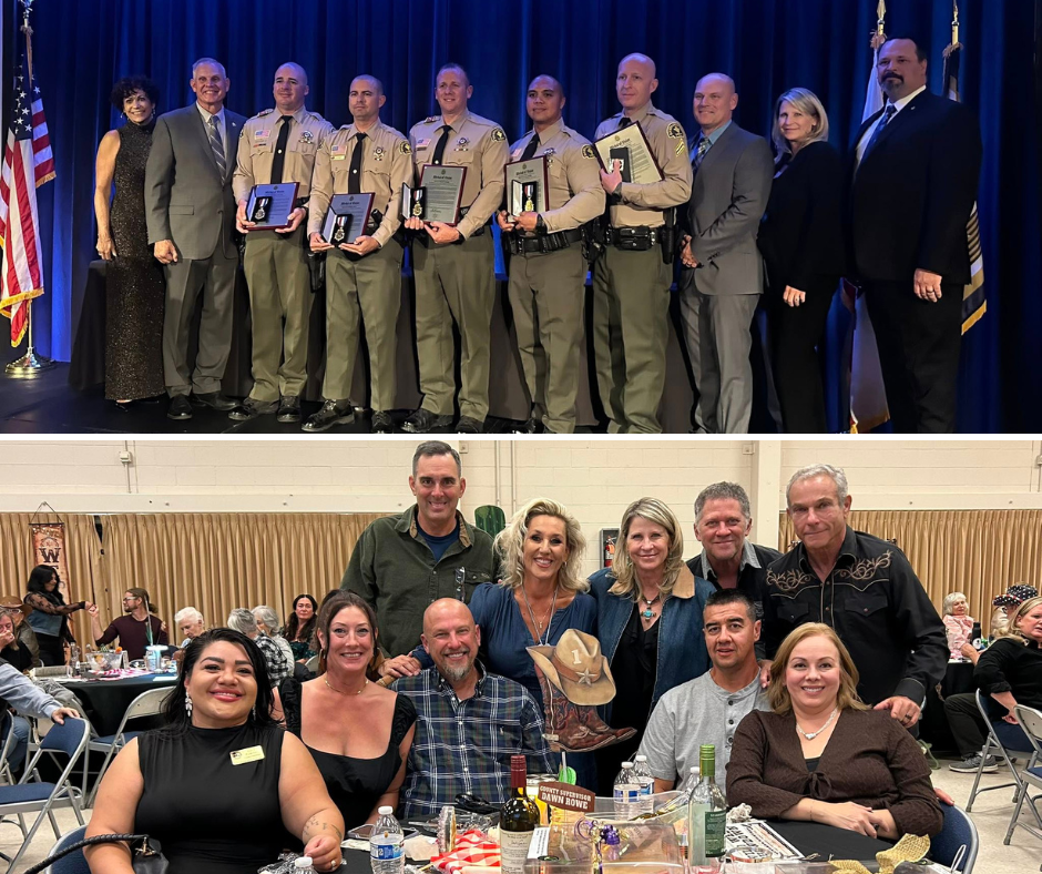 Montage shows Supervisor Rowe standing with Medal of Valor recipients; bottom shows Supervisor Rowe with Morongo Basin team at Unity Hope fundraiser