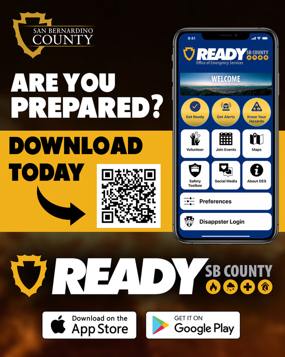 Graphic promoting the READY SB County emergency app with a phone display, QR code, and download buttons.