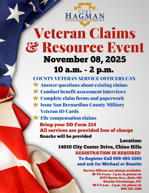 A flyer promoting the Veteran Claims and Resource Event on November 8, 2025, with event details, services, and registration information.