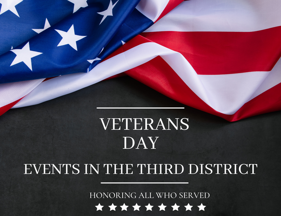 An American flag against a black-grey background on a poster advertising Veterans Day events in the Third District.