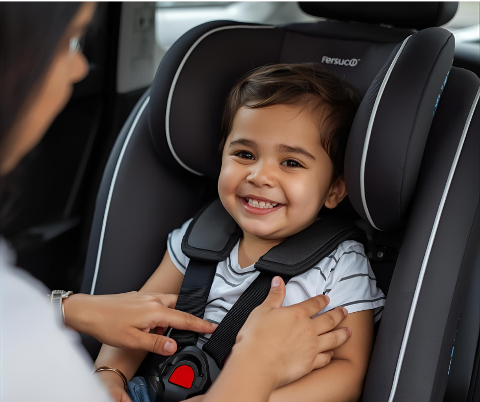 A small child smiles as he sits in the back of a car in a car seat as an adult adjusts some of the straps on the seat.