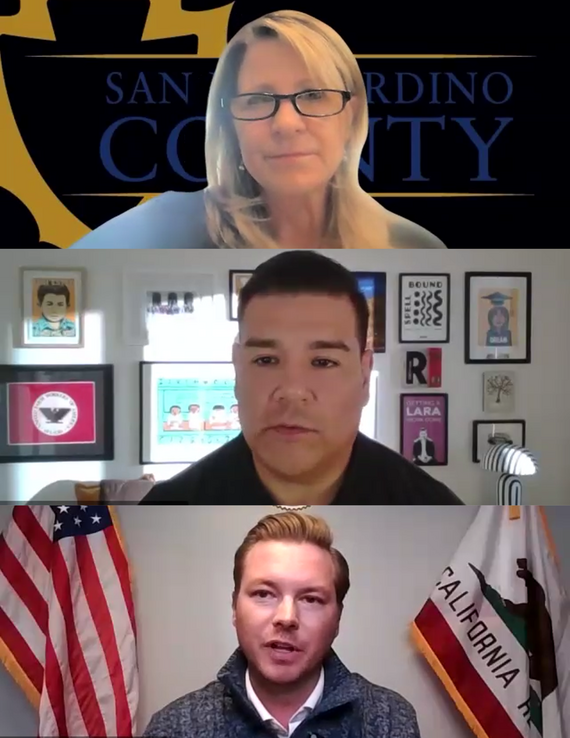 Montage with Supervisor Rowe, Insurance Commissioner Ricardo Lara, and Assemblyman Greg Wallis from last week's online flood insurance town hall