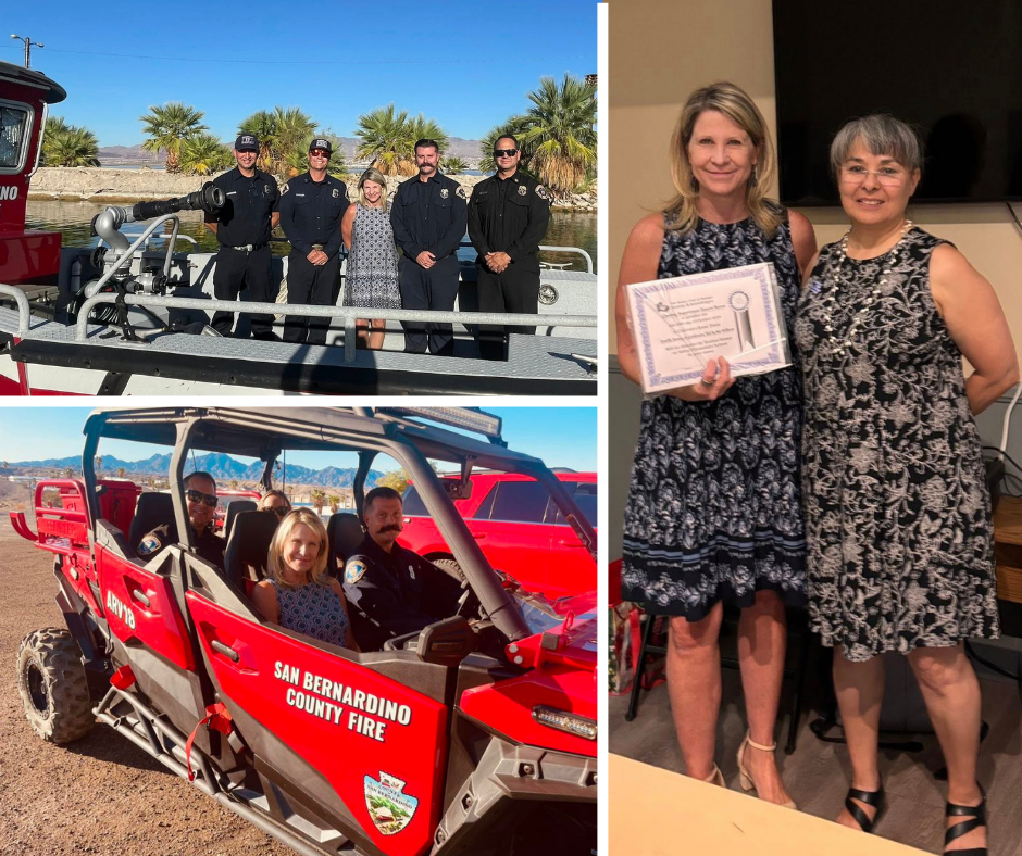 Montage shows Supervisor Rowe with County Fire Crews from Colorado River and Havasu Lake stations; and with Yucaipa Rotary Club president