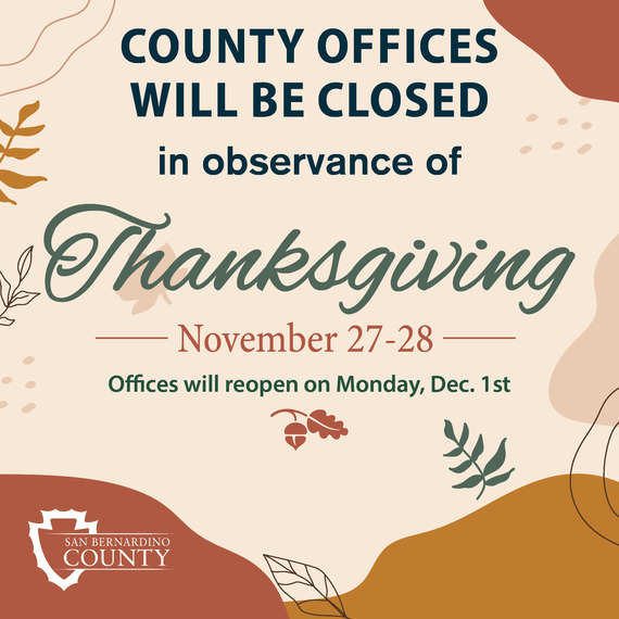 Thanksgiving themed image says COUNTY OFFICES WILL BE CLOSED IN OBSERVANCE OF THANKSGIVING NOVEMBER 27-28. OFFICES WILL REOPEN ON MONDAY DECEMBER 1
