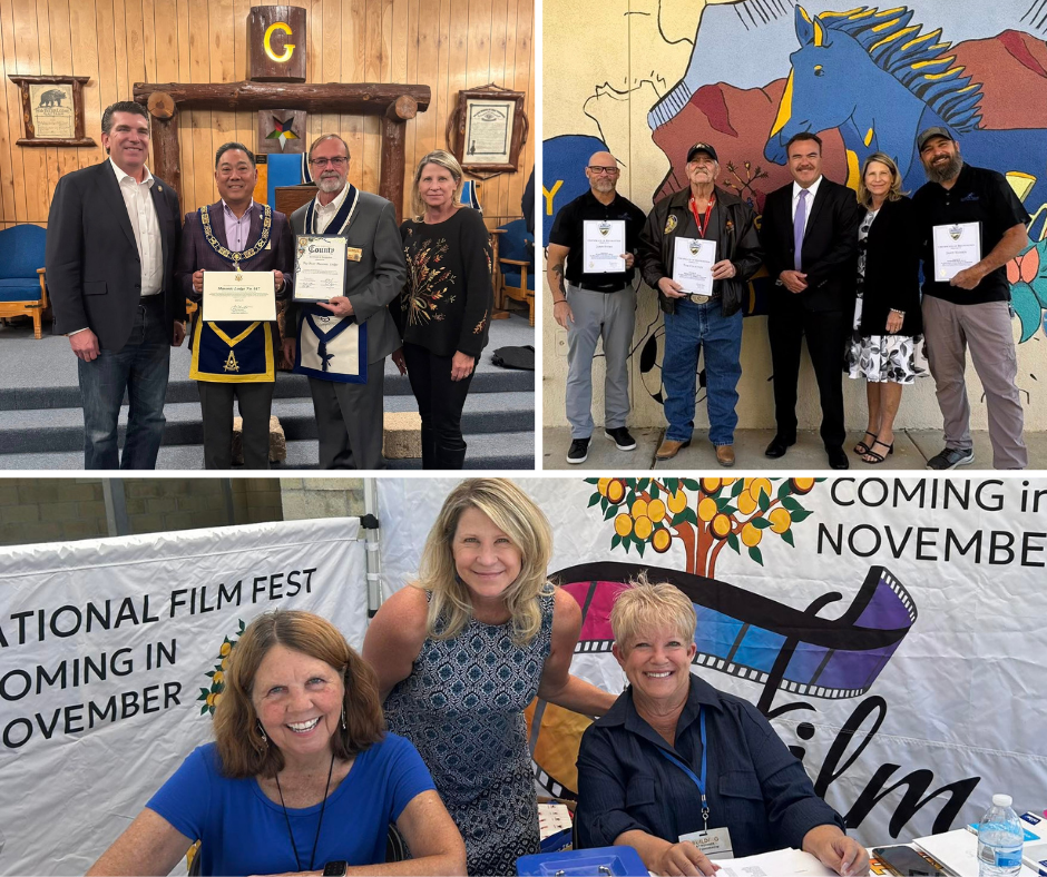 Montage shows Supervisor Rowe with Congressman Obernolte at a Masonic Lodge; at the Lucerne Valley School District; and at the Mentone Film Festival