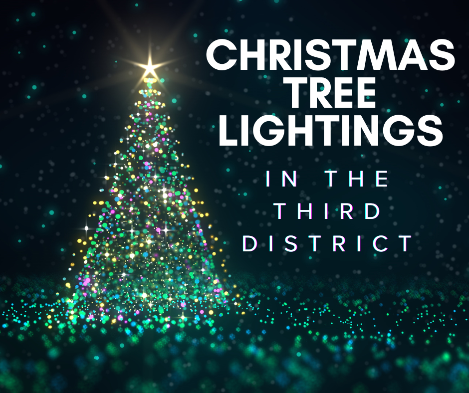 A fully lit Christmas tree on a dark evening with the words CHRISTMAS TREE LIGHTINGS IN THE THIRD DISTRICT