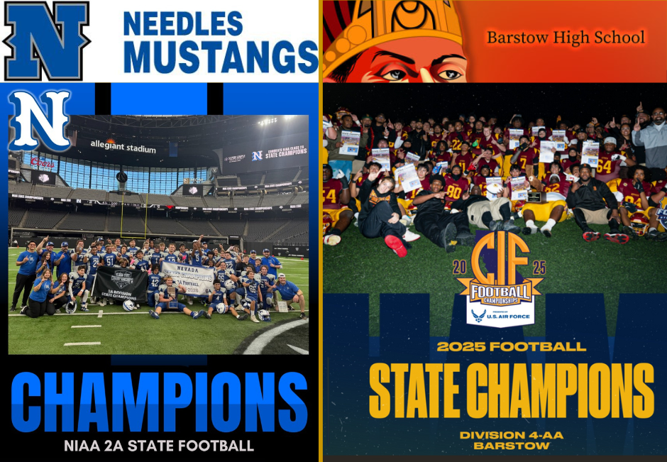 Split graphic celebrating two state football championship teams: Needles High School Mustangs and Barstow High School Aztecs