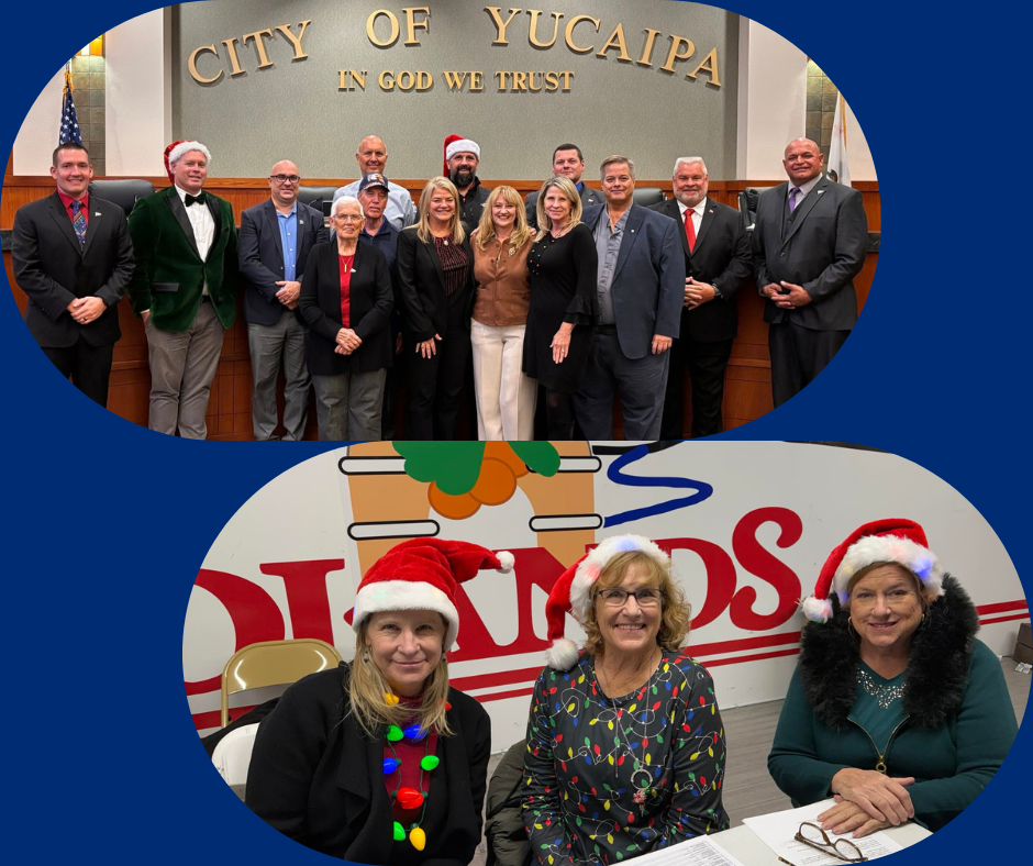 Montage of Supervisor Rowe at the Yucaipa City Council meeting and in the judges stand at the Redlands Christmas Parade