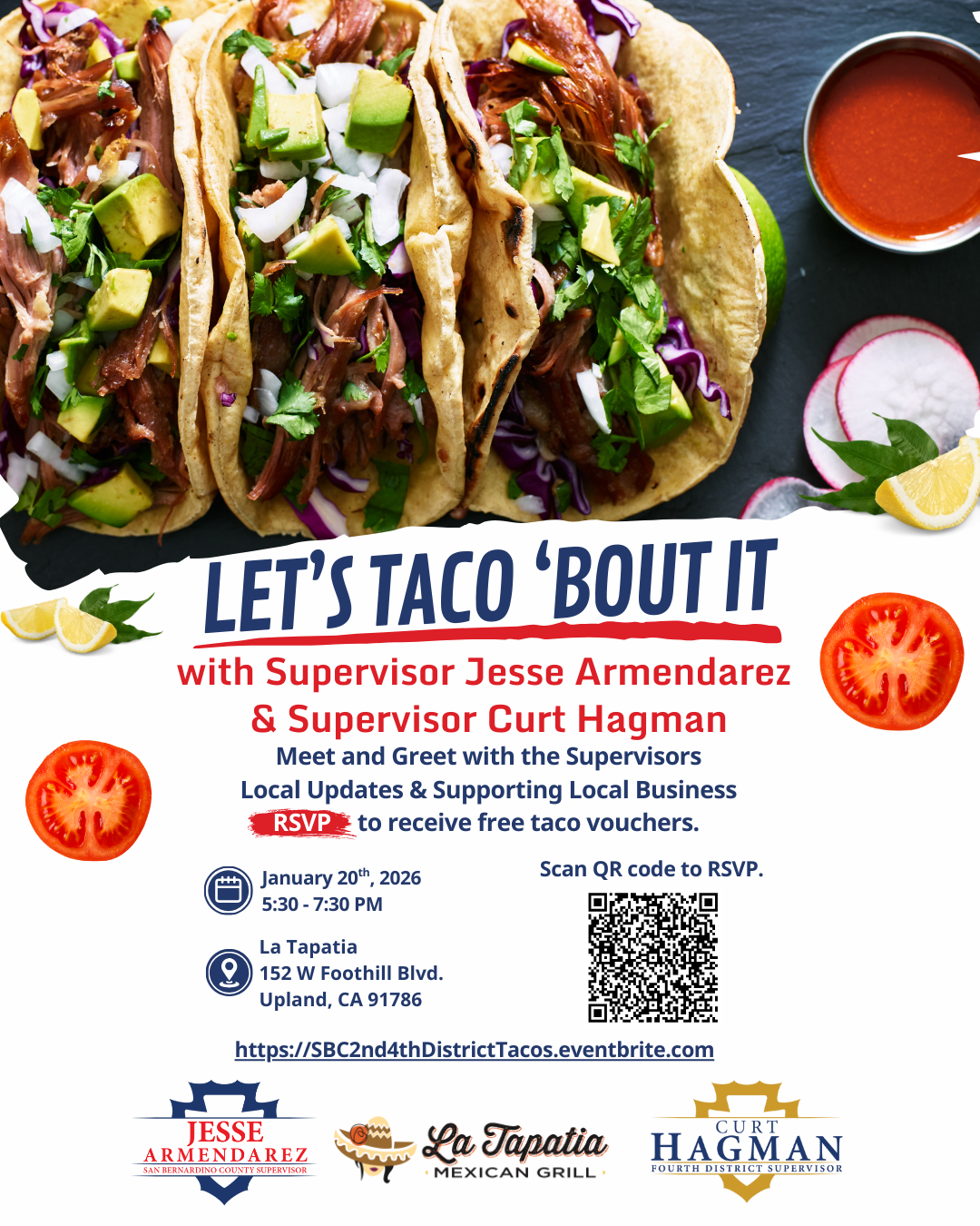 Flyer with tacos promoting “Let’s Taco ’Bout It” meet-and-greet with county supervisors.