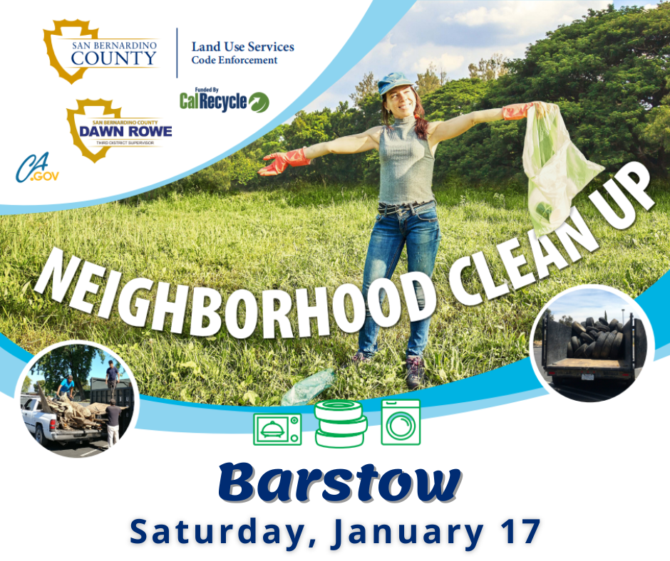 Poster announcing a community clean up in Barstow, California on Saturday, January 17. You see a happy woman standing in a green field.