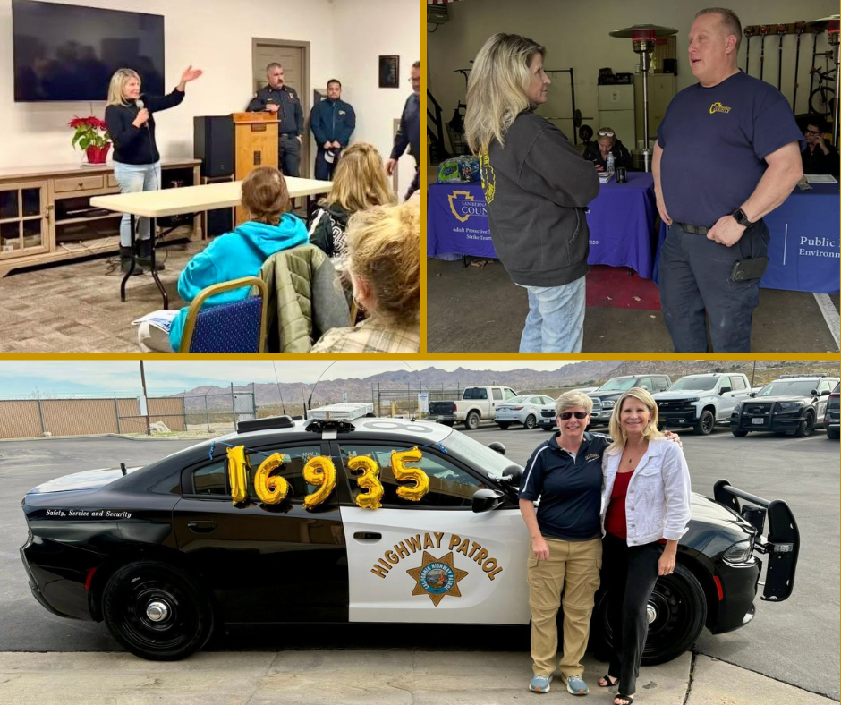 Montage showing Supervisor Dawn Rowe at a community meeting in Lytle Creek, talking to a county employee, and celebrating a CHP retirement