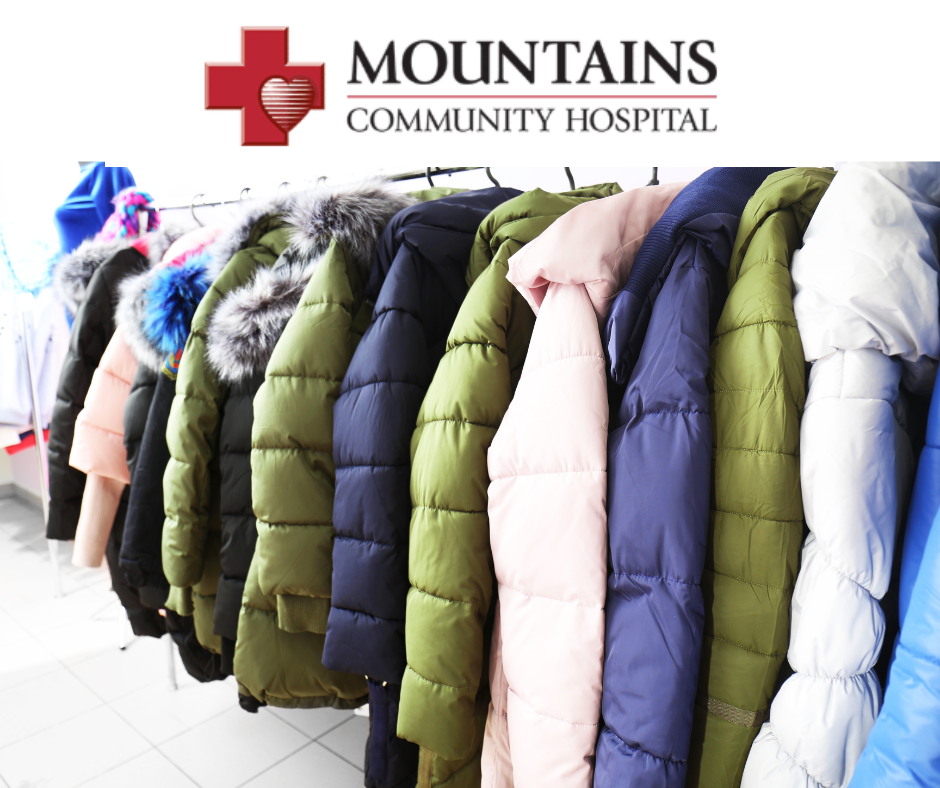 Mountains Community Hospital logo and a rack of winter coats