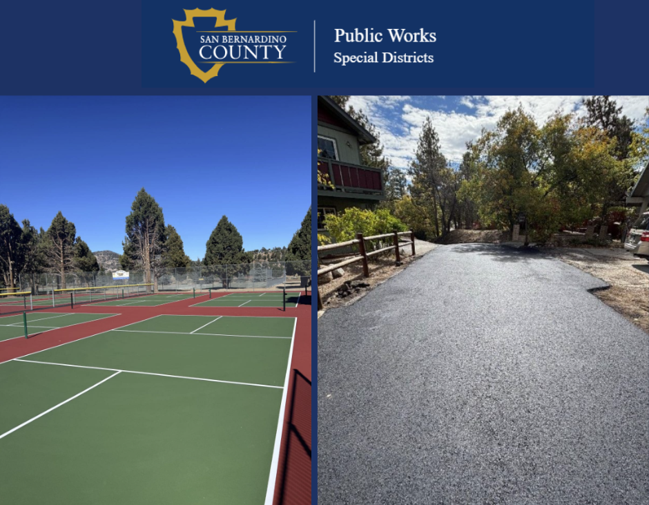 Montage with newly resurfaced pickleball courts with smooth playing surfaces and a freshly paved residential roadway in Big Bear Valley.