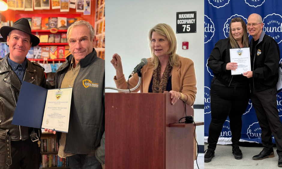 Glen Harris at Space Cowboy Books, Supervisor Rowe speaking at the Highland Chamber event, and Scott Ward at Nothing Bundt Cakes in Yucaipa