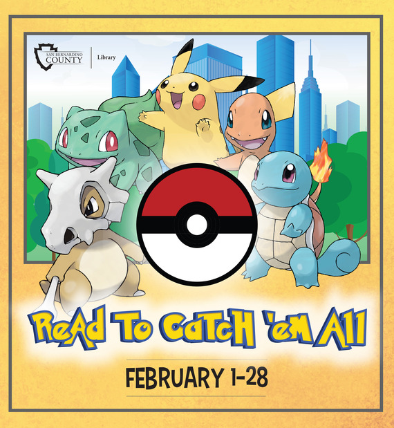 Five cute cartoon creatures, including a yellow mouse-like one, are in front of a city skyline. Text says "Read to Catch 'em All, February 1-28.