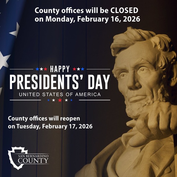 Abe Lincoln statue and American flag on poster announcing County offices will be closed on Presidents Day 2026