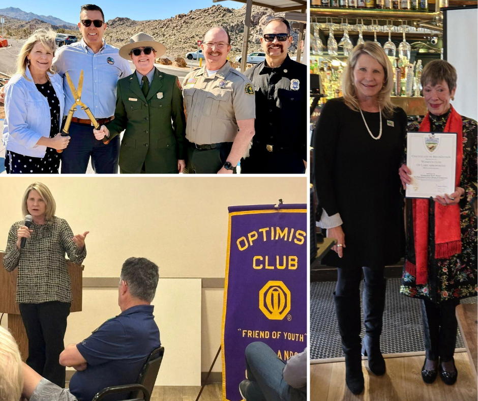 Montage with Supervisor Rowe at Joshua Tree National Park, the Optimist Club in Redlands, and at the Women's Club of Lake Arrowhead
