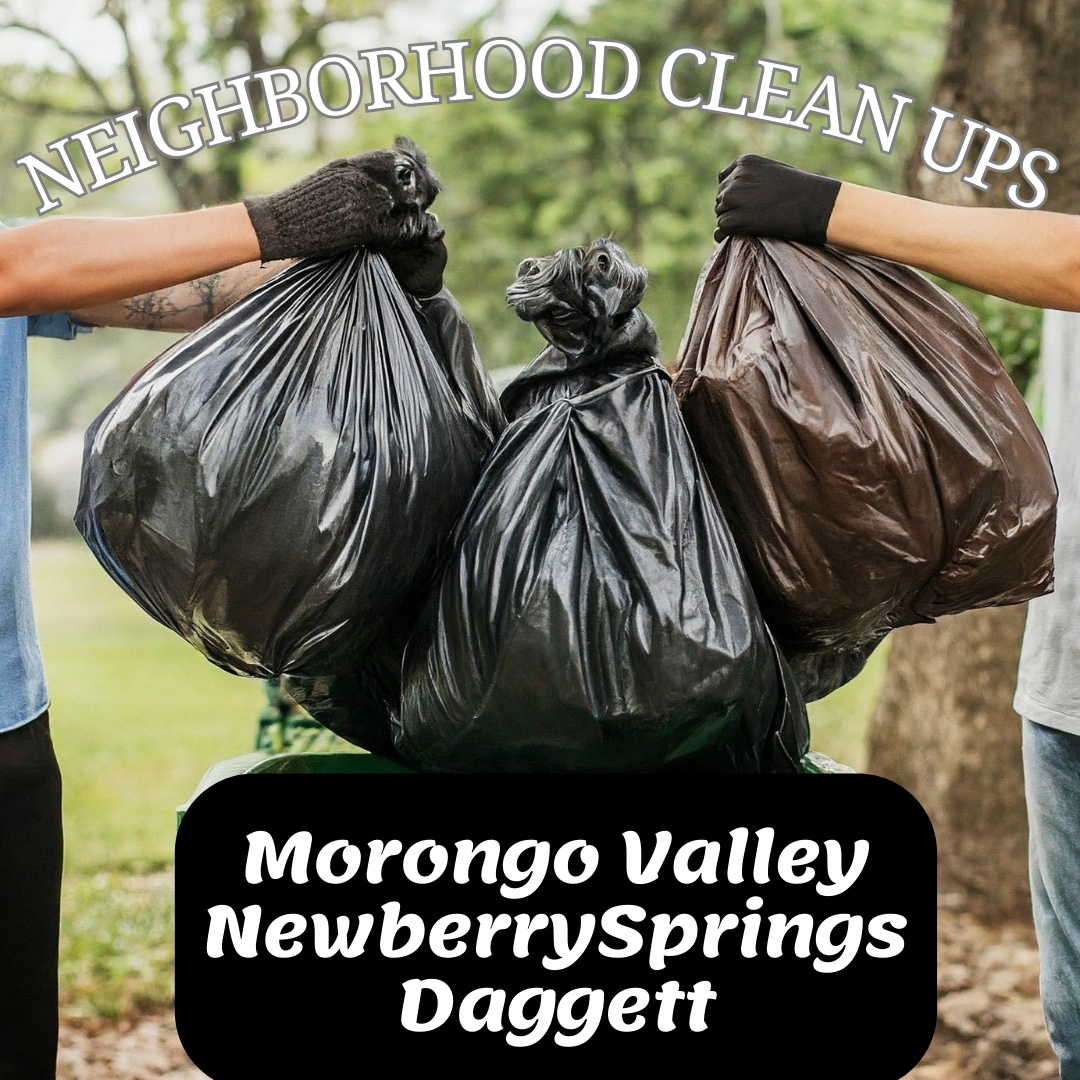 Two hands dumping three bags of trash in a park setting along with the words COMMUNITY CLEAN UPS MORONGO VALLY NEWBERRY SPRINGS DAGGET