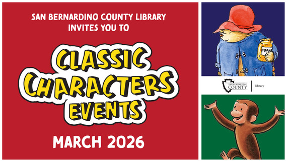 Red event poster for County Library's "Classic Characters Event," March 2026, featuring illustrations of a bear in a red hat and a monkey.