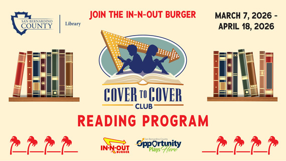 Reading program poster with book and children illustration. Text reads 'Join the In-N-Out Burger Cover to Cover Club.' Dates: March 7-April 18, 2026.