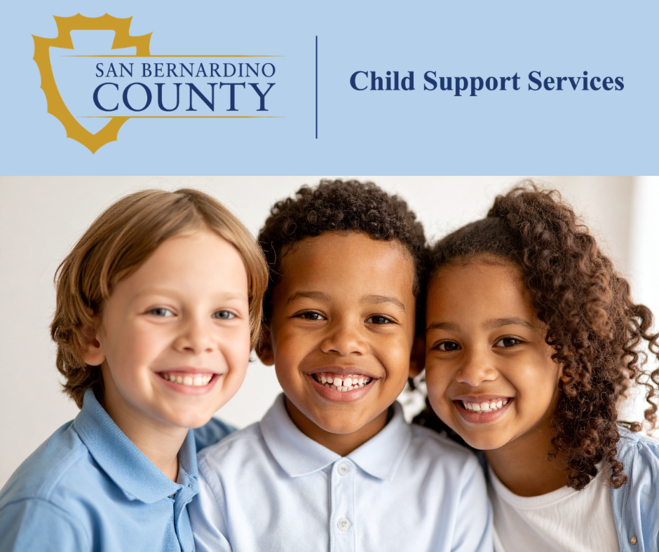Three children smiling and looking at the camera, with light blue shirts. The Department of Child Support Services logo is also shown.