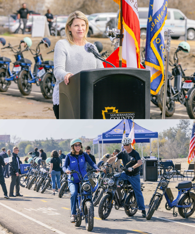 Montage shows Supervisor Rowe speaking at the Santa Ana River Trail Phase III ribbon cutting and a smiling cyclist riding on the trail.