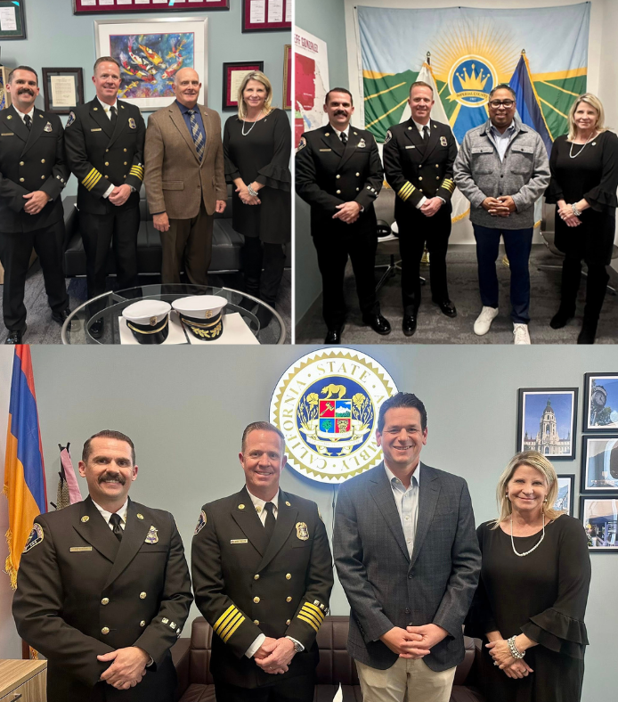 Montage shows Supervisor Rowe & fire officials posing with Kelly Seyarto, Jeff Gonzalez, and John Harabedian, all from the California State Assembly