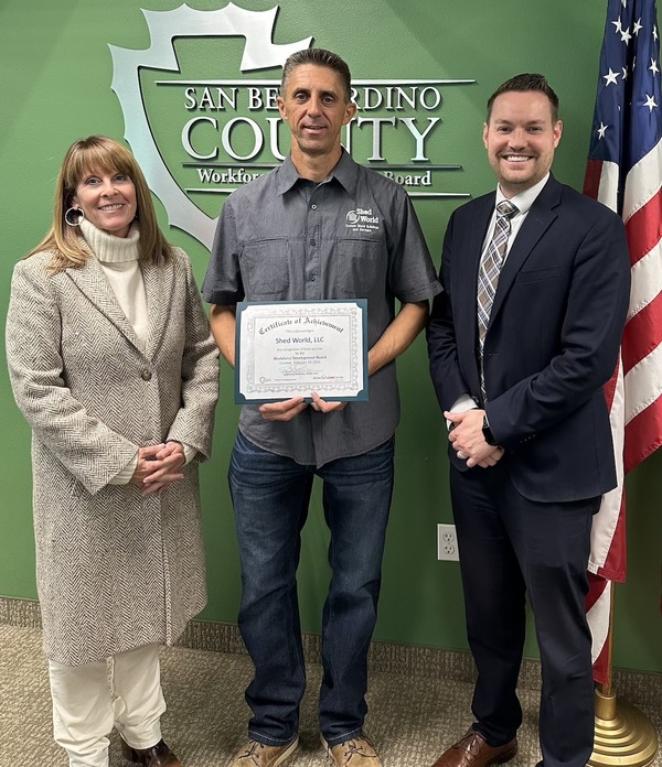 Shed World Co-Owner Justin Atkins, with WDB Chair Shannon Shannon (left) and Director Bradley Gates (right).
