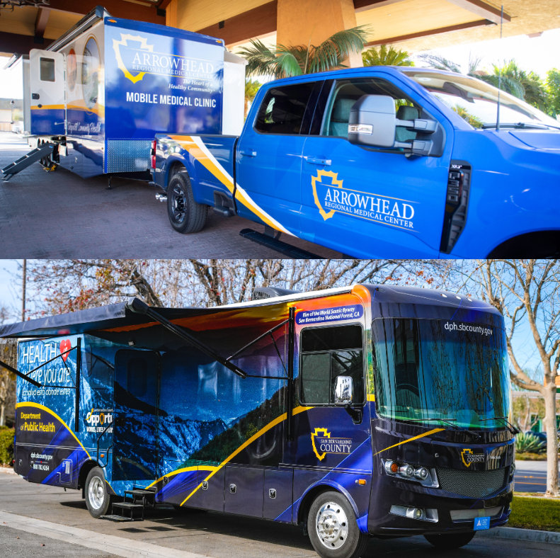 Montage show mobile medical units from Arrowhead Regional Medical Center and the San Bernardino County Department of Public Health