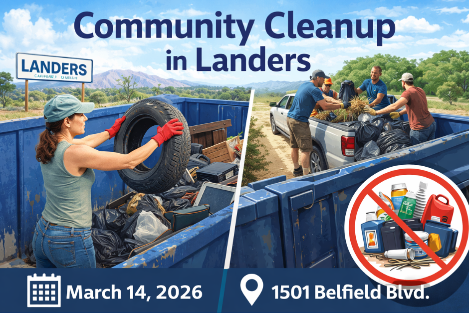 Illustration of volunteers unloading trash and tires into dumpsters at a Community Cleanup event in Landers on March 14, 2026.