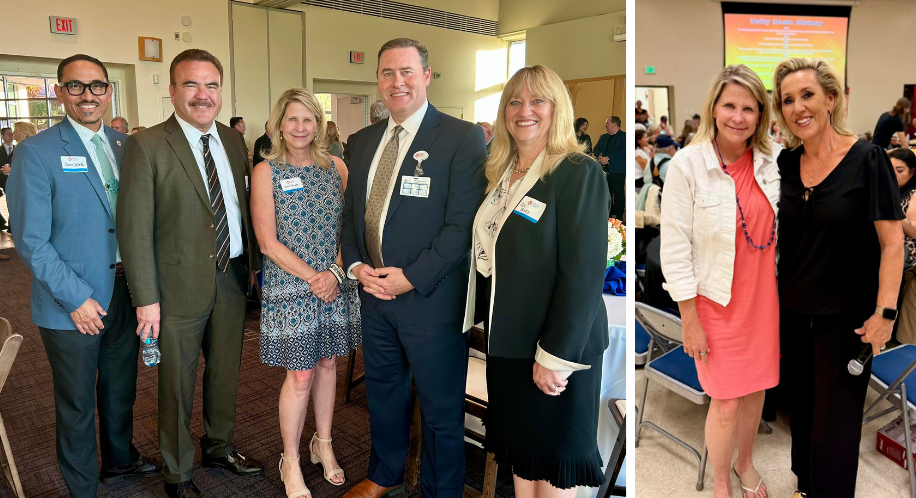 Montage with Supervisor Rowe and three school district superintendents with Redlands Hospital CEO; and with Unity Home CEO Susanna Barnett