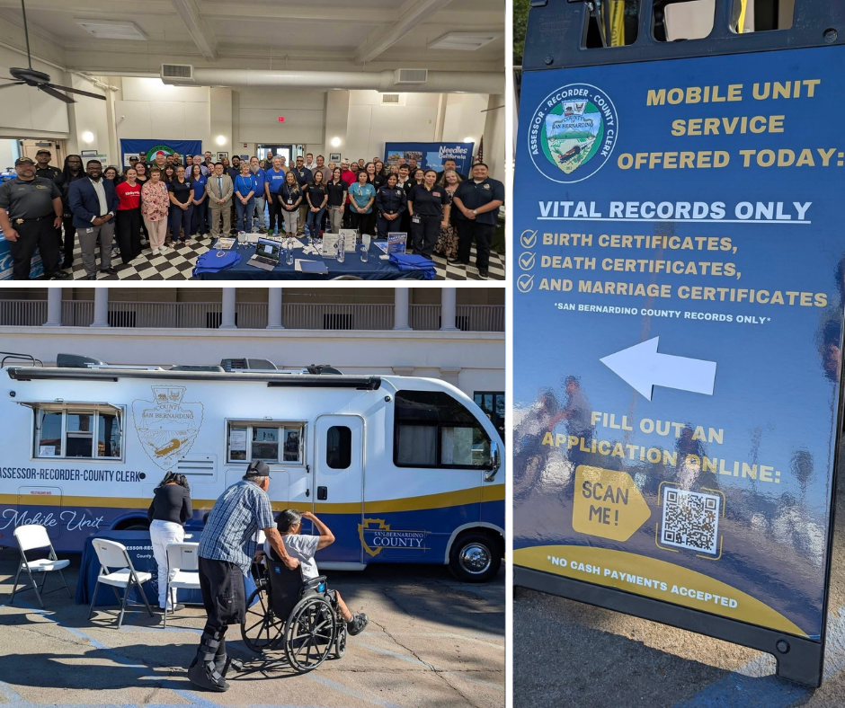 Montage from Needles Resource Fair showing participating vendors, people visiting the ARC Mobile Unit, and a sign listing ARC services offered.