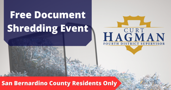 Free document shredding event graphic with shredded paper, Curt Hagman logo, for San Bernardino County residents only. 