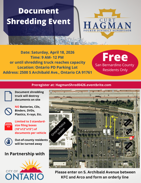Flyer for free document shredding event Saturday, April 18, 9 AM - 12 PM at Ontario PD parking lot, Curt Hagman logo.