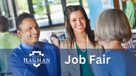 Job fair graphic with Curt Hagman logo showing professionals speaking with an attendee.