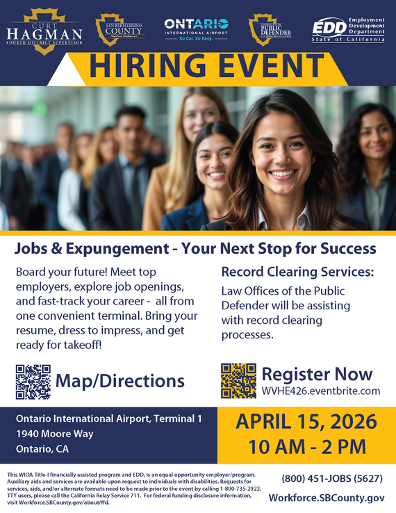 Hiring event with expungement services on April 15 at Ontario International Airport Terminal 1.