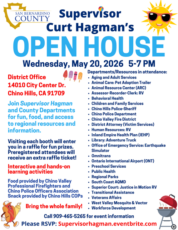 Supervisor Curt Hagman's Open House, Wednesday, May 20, 2026, 5-7 PM