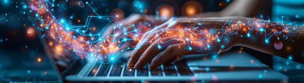 {photo illustration of hand on keyboard with electronic and computer imagery layered over