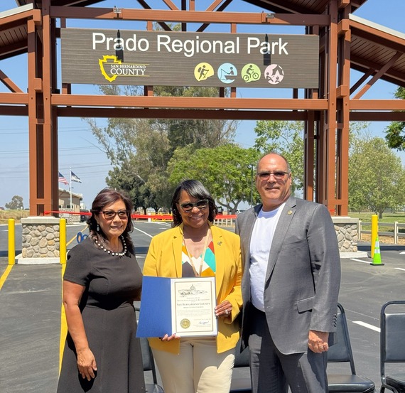 Supervisor Curt Hagman, Congresswoman Torres, and Beahta Davis holding a certificate at the Prado Regional Park Ribbon Cutting.