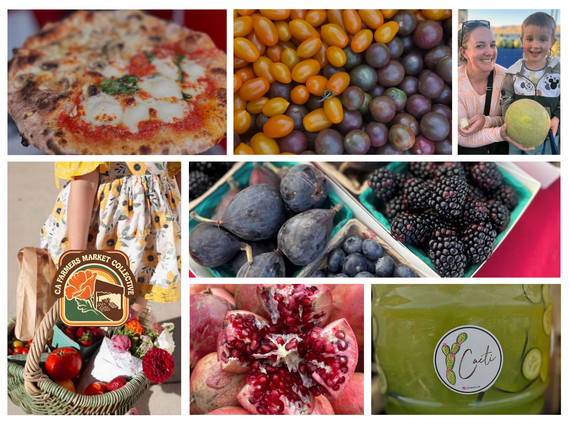 Farmers market collage with pizza, tomatoes, figs, berries, pomegranate, flowers, green juice, and a woman with a child, holding a melon.
