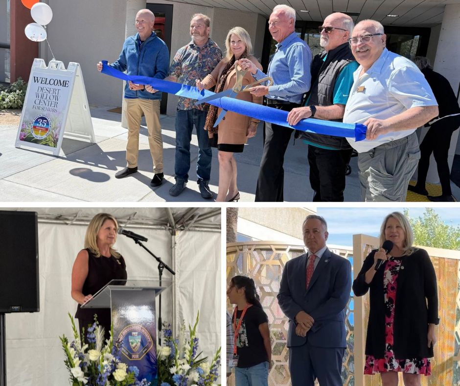 Montage shows Supervisor Rowe at a ribbon cutting in Yucca Valley, speaking at the State of County Fire and Take Your Child To Work Day events