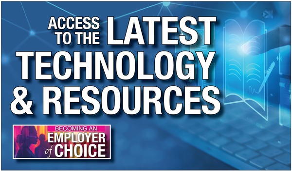 Photo illustration of finger and computer imagery, under headline, Access to the Latest Technology & Resources