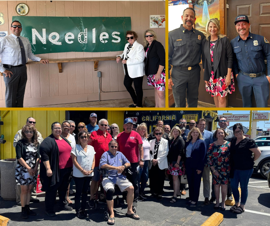 Montage shows Supervisor Rowe w/Needles city officials, San Bernardino County Fire officials, & community members in the parking lot of a restaurant.