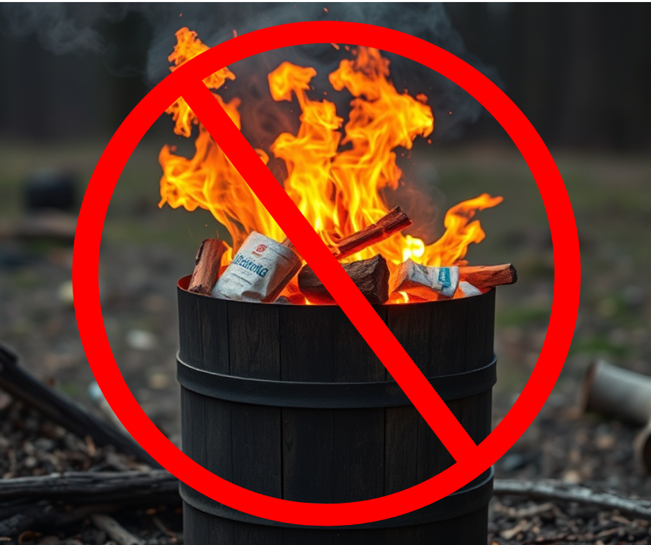 A barrel of burning trash with a red NO slash symbol across it.