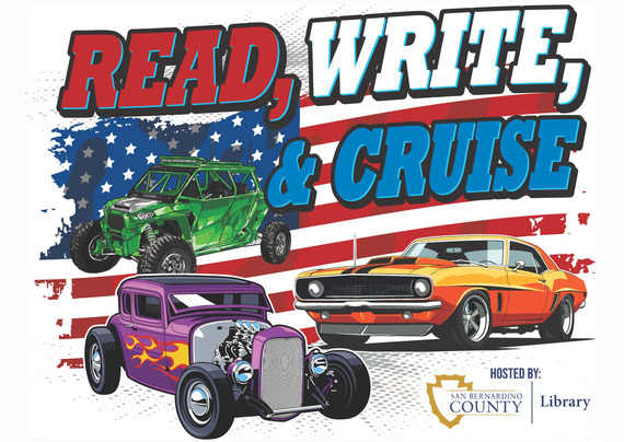 Illustration of three cars, set against an American flag background. Bold text reads "Read, Write, & Cruise." Hosted by San Bernardino County Library.